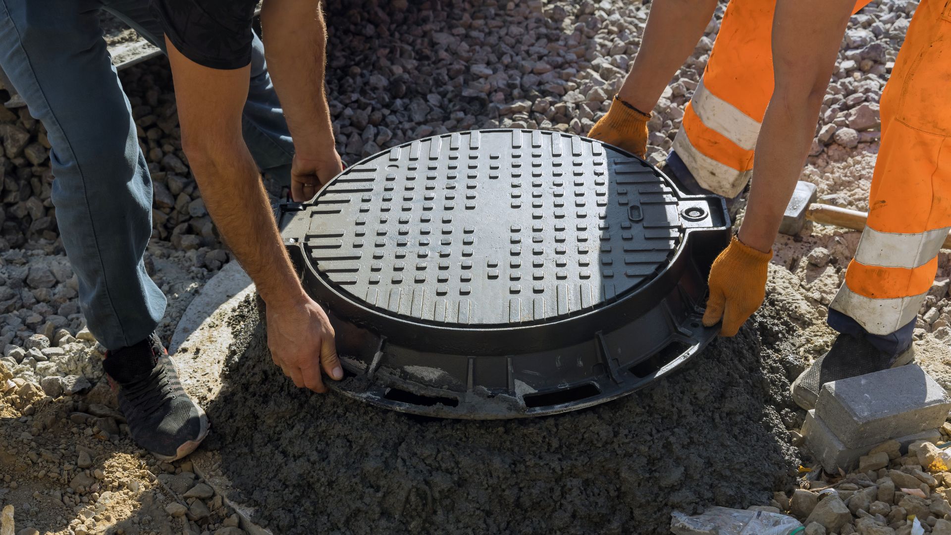 Workers installing a heavy metal manhole cover on a rocky ground